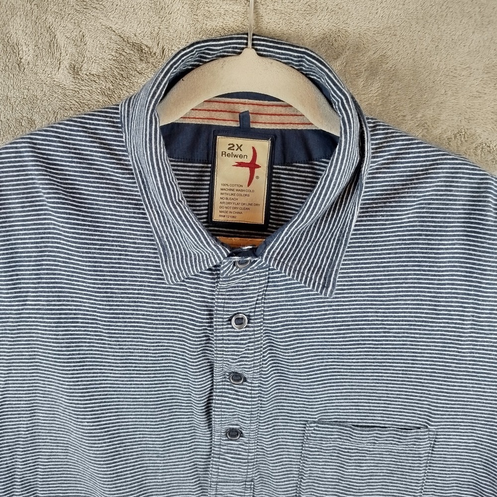 Relwen Mens Stripe Slot Pocket T Polo‎ Shirt Navy Blue White 2XL Huckeberry